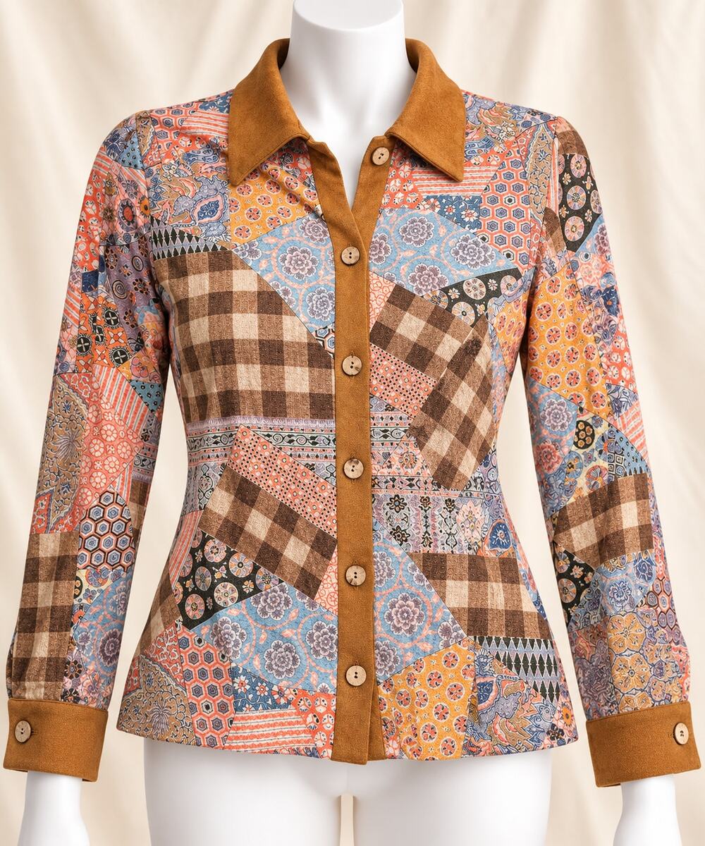 CIDER Size M Patchwork Button Up Top Eclectic Boho Cottagecore Folk Cabincore